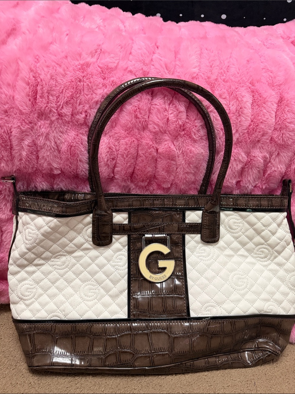 GUESS White Quilted Tote with Brown Croc Trim and Gold G Accent